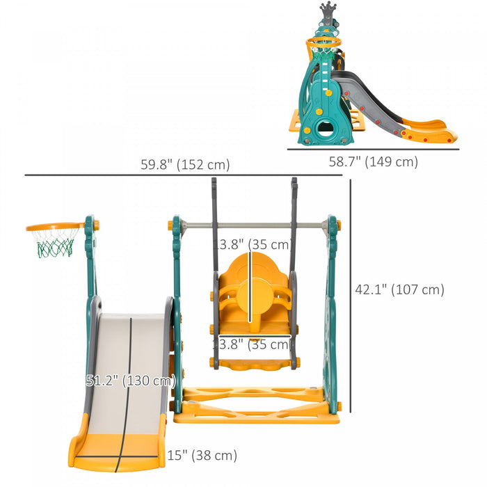 Qaba 4-in-1 Kids Swing And Slide Set With Basketball Hoop And Adjustable Seat Height, Toddler Play C