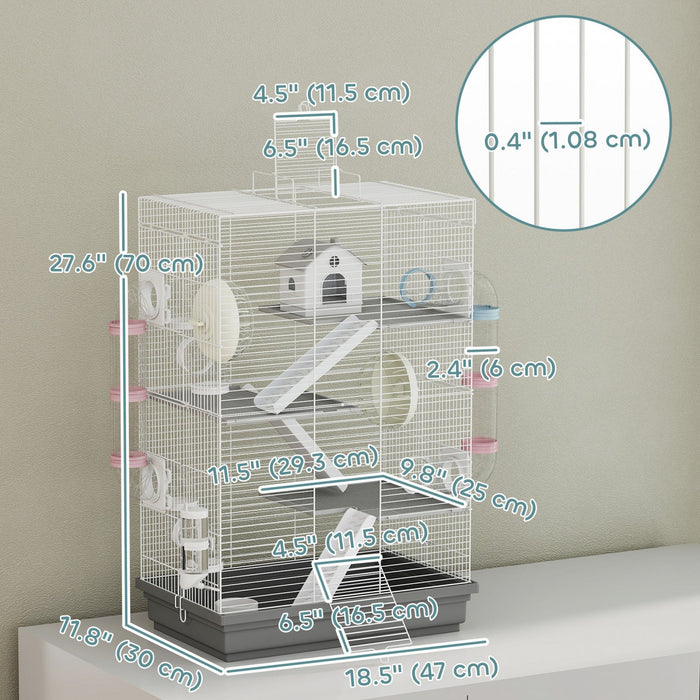 PawHut Hamster Cage, 4-Level Small Animal House with Excerise Wheel, Food Bowl, Water Bottle, House, Tunnels, Ramps, Gerbil Cage for Dwarf Hamster, 18.5" x 12" x 28", Grey