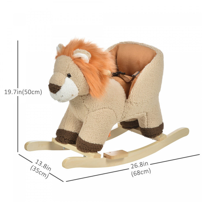 Qaba Baby Rocking Horse Lion Design Plush Stuffed Rocking Chair, Wooden Rocking Horse With Sound, Se