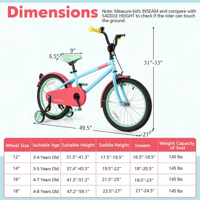 Costway 18" Kids Bike With Adjustable Saddle Handlebar Removable Training Wheels Handbrake Red