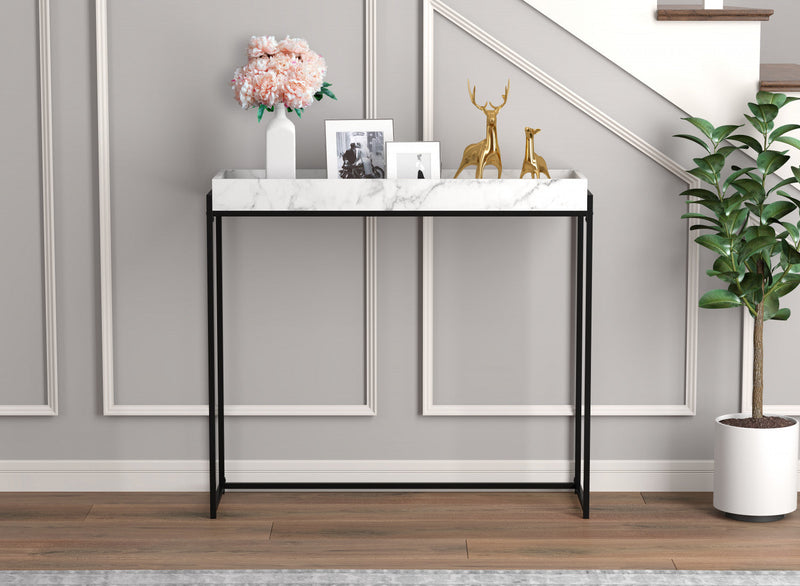 40” Modern Console Table With Sunkey Tray - Marble With Black Metal 