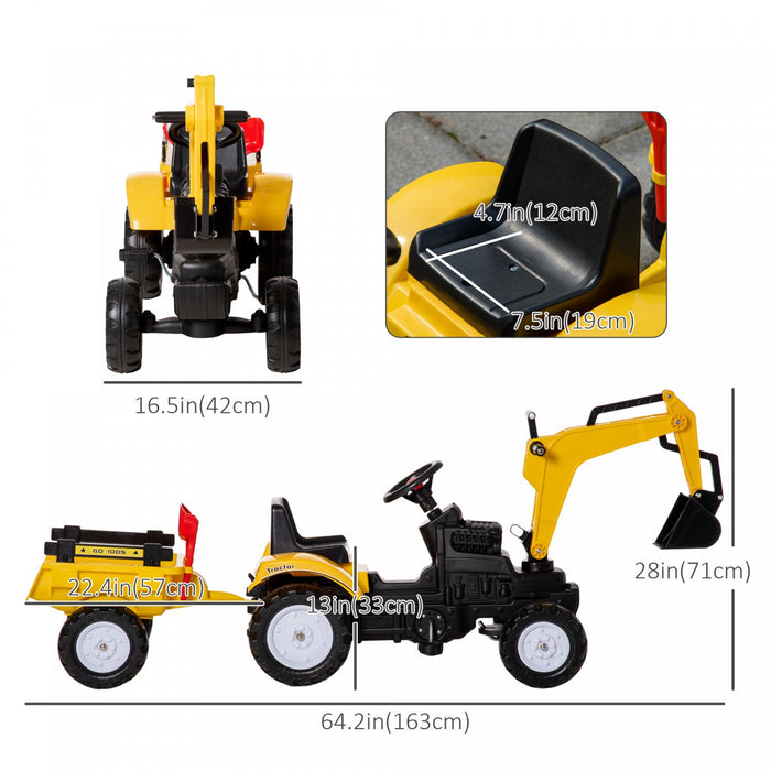 Aosom Ride-on Toy Pedal Digger Construction Car With Horn & Detachable Trailer, Yellow