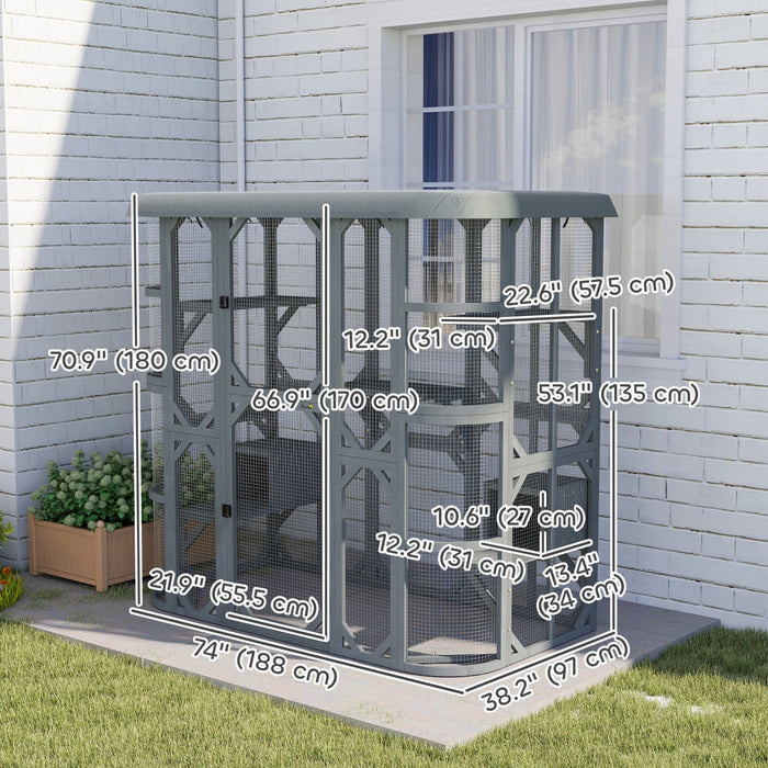 PawHut Catio Outdoor Cat Enclosure, 71"H Wooden Cat House with 5 Jumping Platforms, 2 Condos and Waterproof Cover, Walk-in Kitty Cage for 2–3 Kittens, Grey