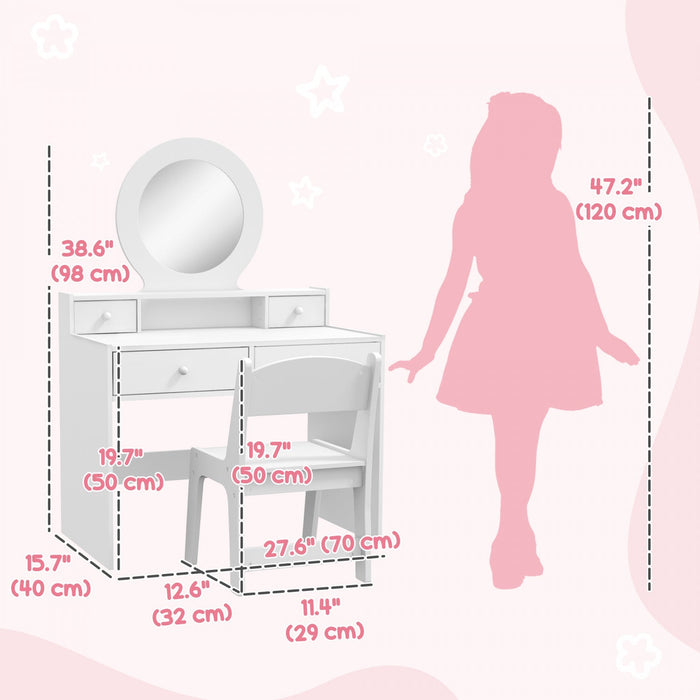 Qaba Kids Vanity Set, Children Dressing Table With Mirror, Kids Makeup Table With Stool And Storage 