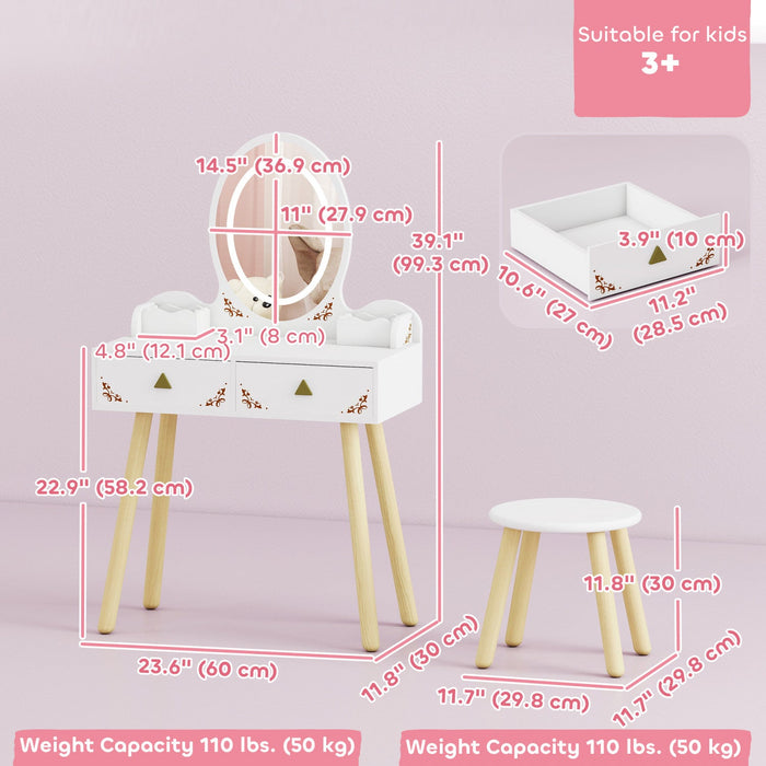 Qaba Kids Vanity, 2 in 1 Girls Vanity Set with Mirror and Stool and Lights, Drawers, Storage Boxes, Toddler Makeup Dressing Table, Pretend Play for Kids Room, Pink