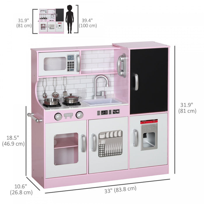 Qaba Play Kitchen For Kids, Kids Kitchen Playset, Pretend Play Kitchen Set With Chalkboard, Ice Maker, Play Phone, Sink, Microwave, 5 Accessories, For Toddlers Ages 3-8 Years
