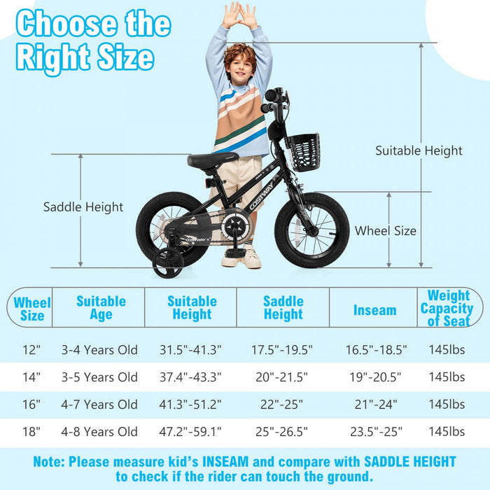 Costway 12" Kid's Bike With Training Wheels Adjustable Handlebar & Seat Handbrake Black