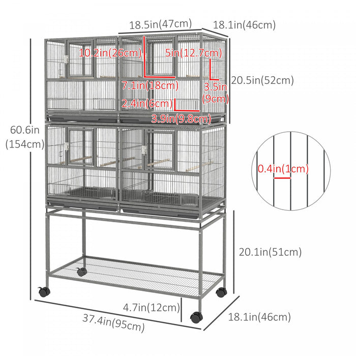 Pawhut 61 Inch Large Double Rolling Metal Bird Cage Bird House With Removable Metal Tray, Storage Sh