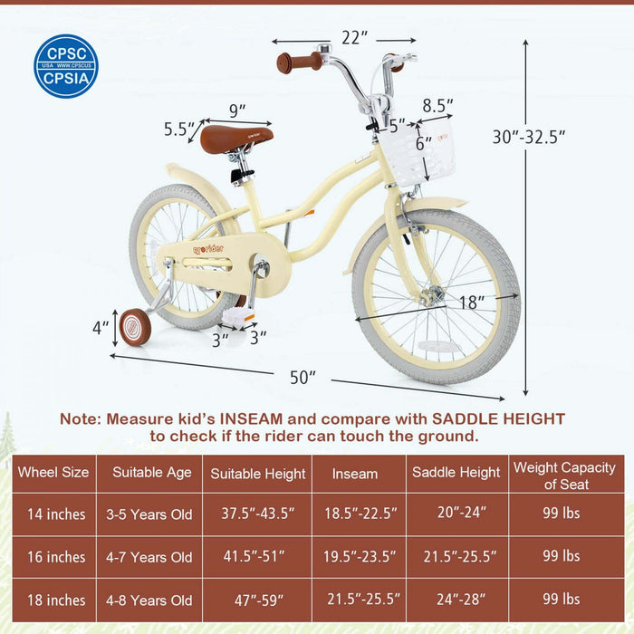 Prorider 18" Kids Bike Toddler Bicycle With Training Wheel Kickstand For 4-8 Years Beige