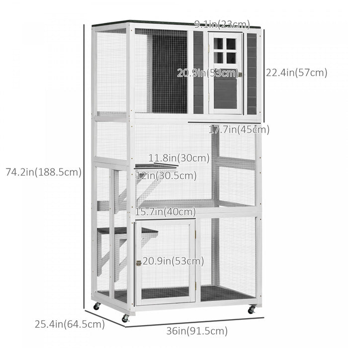 Pawhut 74\" Wooden Outdoor Cat House Weatherproof & Wheeled, Catio Outdoor Cat Enclosure With High We