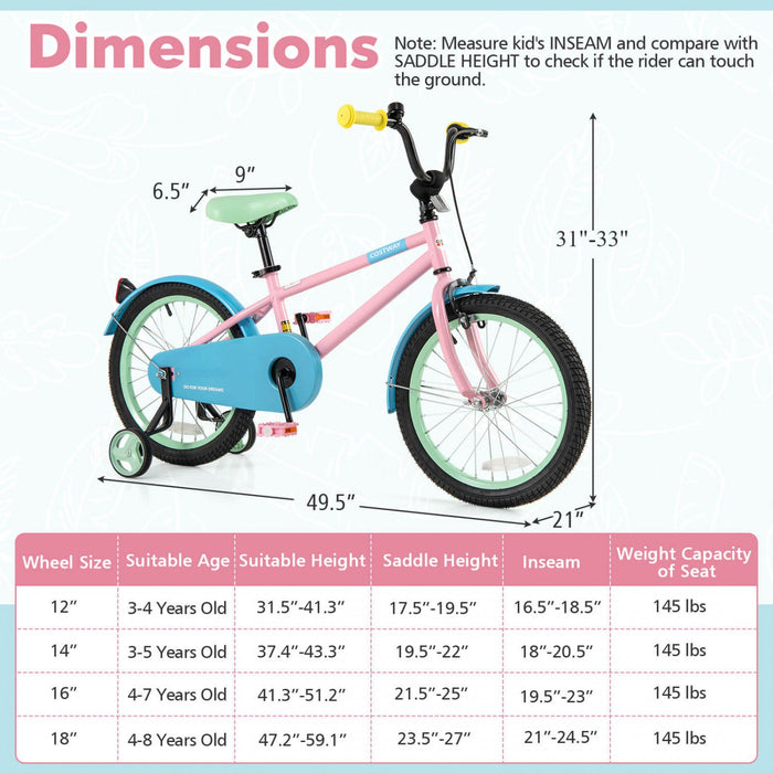 Costway 18" Kids Bike With Adjustable Saddle Handlebar Removable Training Wheels Handbrake Pink