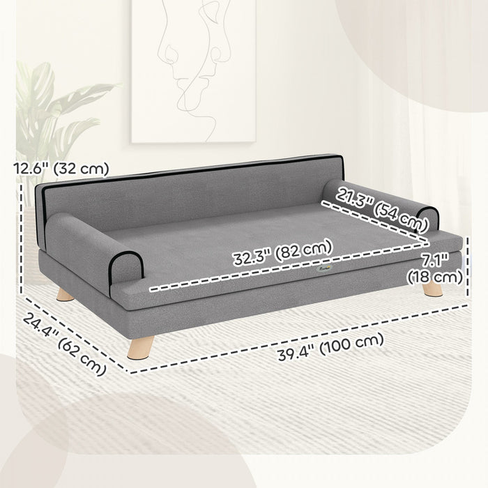 Pawhut Dog Sofa, 39" Cat Couch With Removable Cushion, Washable Cover, Wooden Legs, Elevated Pet Cat Sofa For Medium & Large Dogs, Light Grey