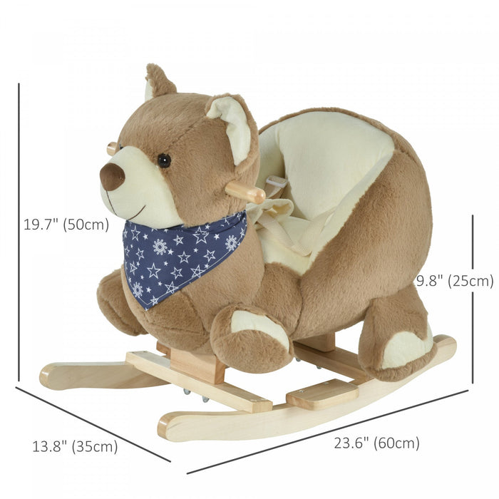 Qaba Rocking Horse, Kids Ride On Horse Bear-theme Soft Plush With Music, Seat Belt, Wooden Base For 