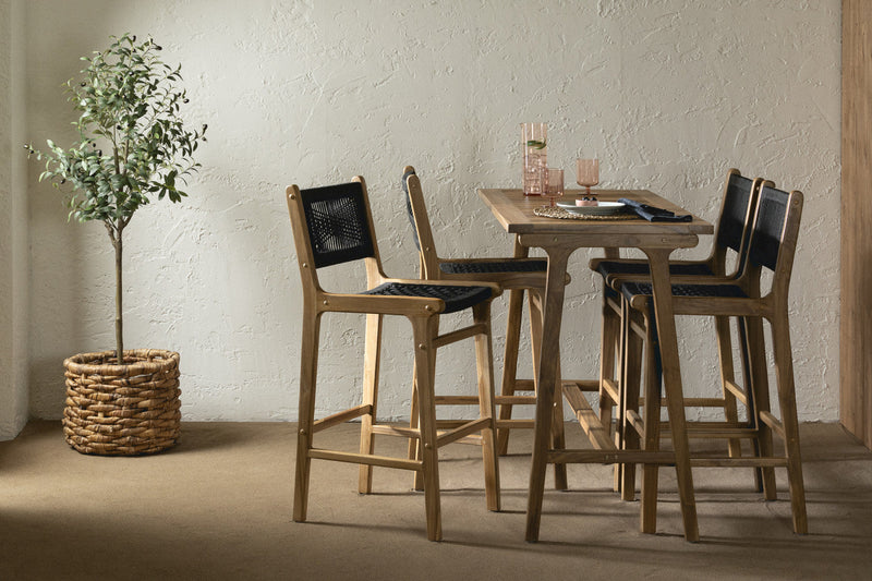 Agave Teak Wood & Woven Rope Bar Stool - Black & Natural