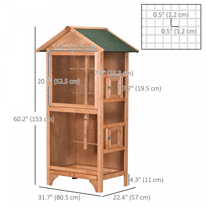 Pawhut 62.5" H Large Wooden Bird Cage Outdoor Indoor For African Grey Small Quaker Amazon Parrot Cockatiel Sun Parakeet Green Cheek Conure Dove Lovebird Budgie Play, Orange