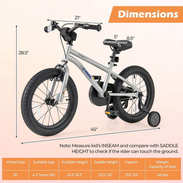 Costway 16-inch Kid's Bike For 4-7 Years Old With Adjustable Saddle & Anti-slip Handlebar Silver