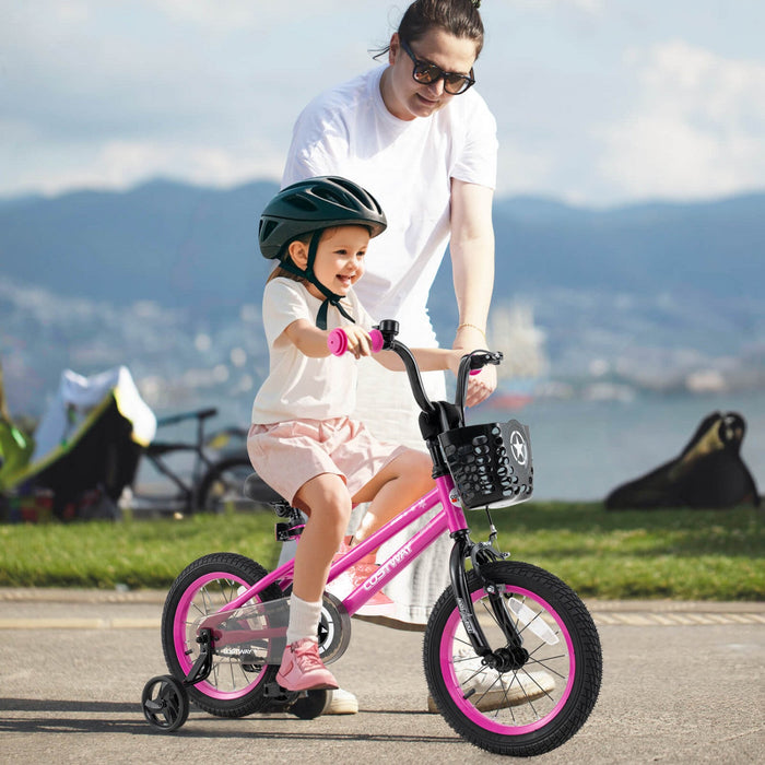 Costway 14" Kid's Bike With Training Wheels Adjustable Handlebar & Seat Handbrake Pink