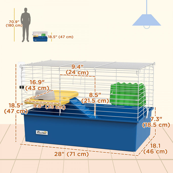 Pawhut 28" L Rabbit Cage, Large Guinea Pig Cage Small Animal Cage With Water Bottle, Food Dish, Platform, Ramp, For Ferret, Chinchilla, Blue