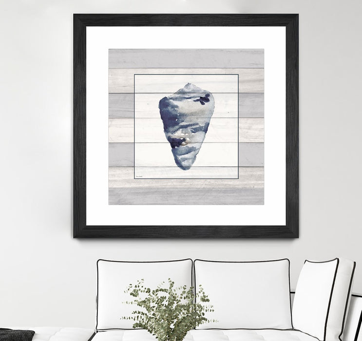 \"Muted Blue Shell On Wood\" Matted and Framed Black 30x30 Wall Art
