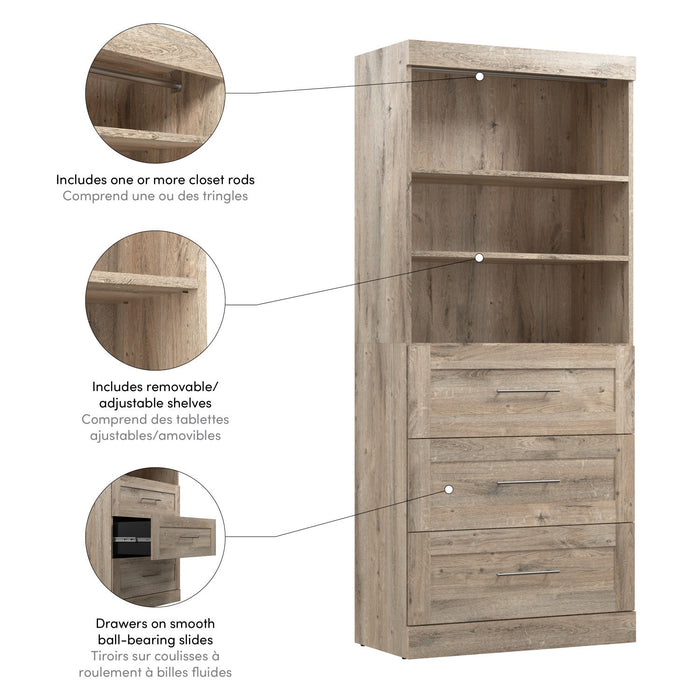 Bestar Pur 36 W Closet Organizer with Drawers - Rustic Brown