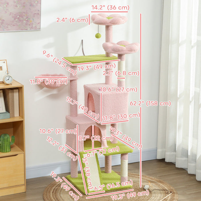 PawHut 62" Flower Cat Tree, Multi-Level Large Cat Tower with 2 Condos, 2 Beds, Hammock, Sisal Scratching Posts & Pad, Plush Perch, Platforms, for Indoor Kittens, Pink