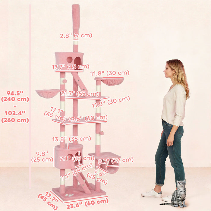 PawHut Cat Tower for Large Cats Adult, Floor to Ceiling Cat Tree Adjustable Height 94"-102" Multi-Level with Scratching Posts, Cozy Hammock, Pompoms, Pink