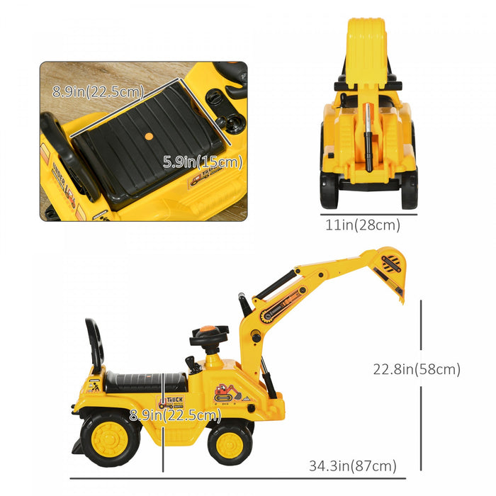 Homcom No Power 3 In 1 Ride On Toy Excavator Digger Scooter Pulling Cart Pretend Play Construction T