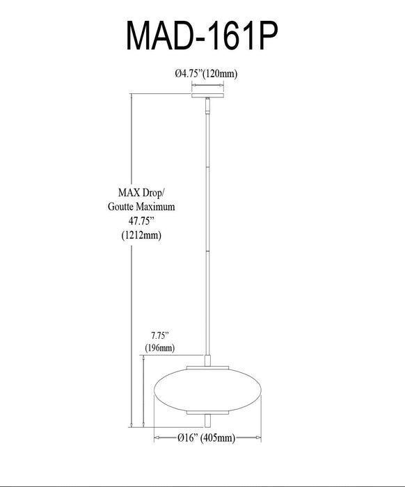 Dainolite Maddie LED Pendant 20w Polished Chrome Opal White Glass Lamp