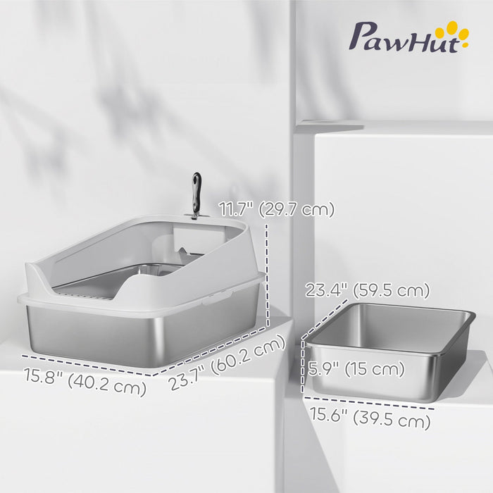 PawHut Cat Litter Box Stainless Steel, High Sided with Metal Litter Scoop, Never Absorbs Odors, Anti Leakage & Easy to Clean, 24" x 16" x 12", Grey