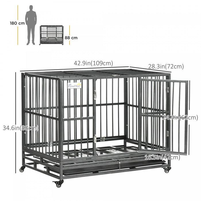 Pawhut Heavy Duty Steel Dog Crate Kennel Pet Cage With Wheels For Portability And A Door For Convenient Access Anti-pinching Floor, 36.2" L X 24.4" W X 30.7" H, Grey