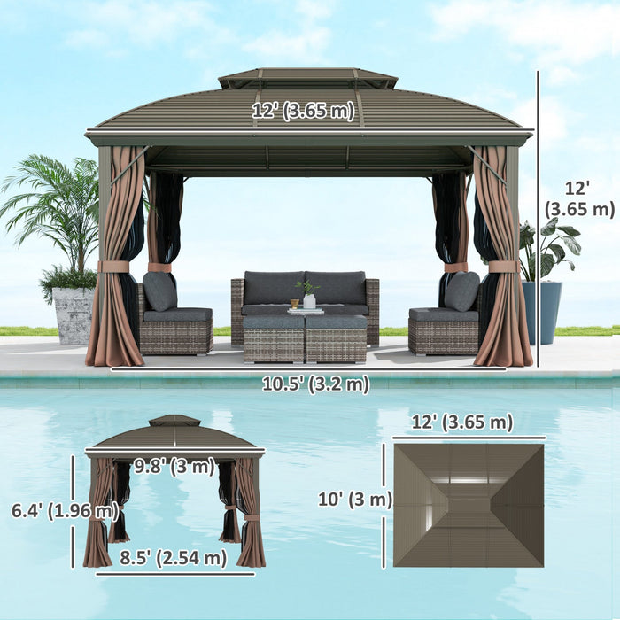 Outsunny 10' X 12' Metal Roof Hardtop Gazebo W/ Curtains & Netting, Coffee