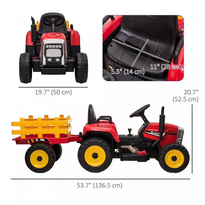 Aosom 12v Kids Powered Ride-On Tractor With Trailer, Battery Powered Electric Tractor With Remote Co