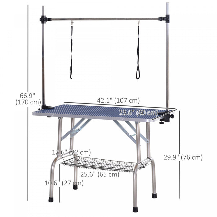 Pawhut Adjustable Dog Grooming Table Rubber Top 2 Safety Slings Mesh Storage Basket Heavy Metal Blue