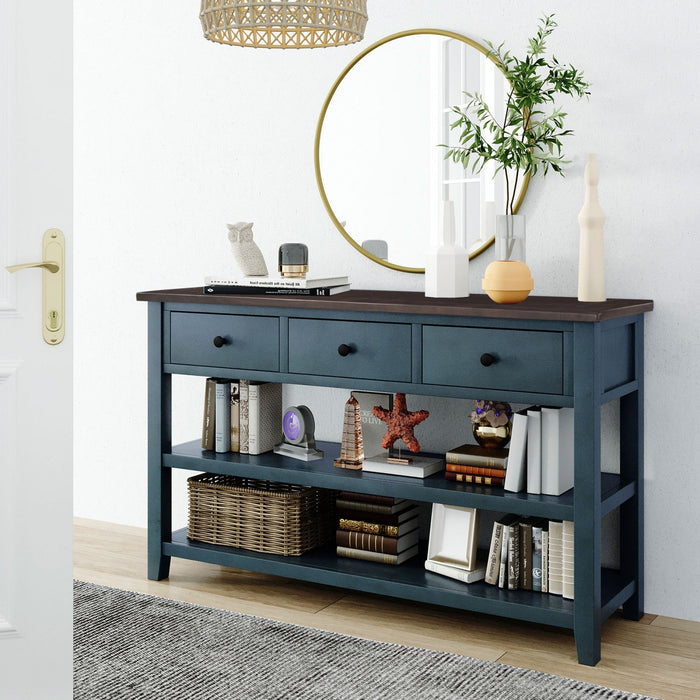 Wendy Solid Wood Console Table With 3 Drawers And 2 Open Shelves,navy Blue Accent Cabinet 