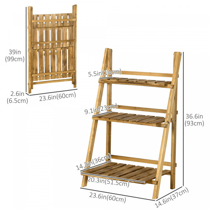 Outsunny Outdoor Plant Stand, Foldable Flower Stand 3-tier Wooden Plant Shelf For Garden Indoor Outd
