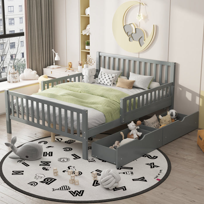 Emma Wood Platform Bed with Guardrails and Storage Drawers,Full Size - Grey 