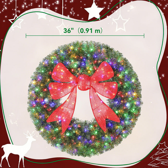 HOMCOM 36in Pre-Lit Christmas Wreath for Front Door with 3D Red Bow