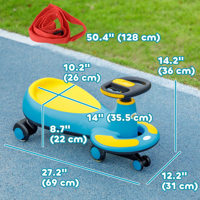 Qaba Wiggle Car For Toddlers 2-6 Years, Kids Swing Car W/ Parent Traction Rope, Music, Light, Ride O