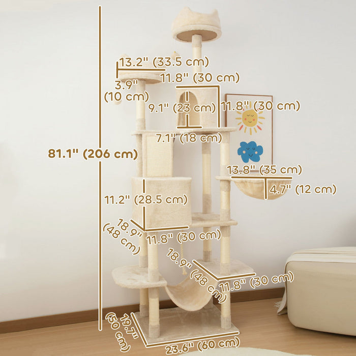 Pawhut Cat Tower, 81" Cat Tree For Large Cats Adult W/ Scratching Posts, Scratching Board, Cat Condos, Cat Beds, Hammocks, Jumping Platforms, Toy Balls, Rope Cat Toy, Beige
