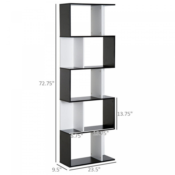HOMCOM Geometric Bookcase, 5-Tier S Shaped Bookshelf, Black and White