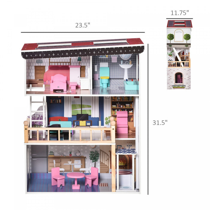 Qaba 13 Pcs Kids 3-story Dollhouse, Dreamhouse Villa, For Toddler, Little Girls, Multi-level House, 
