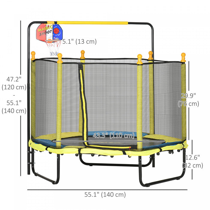Qaba 55" Trampoline for Kids, 47.2"-55.1"H Indoor Outdoor Toddler Trampoline with Safety Enclosure Net, Baby Recreational Play for Boys and Girls, Ages 3-10, Yellow