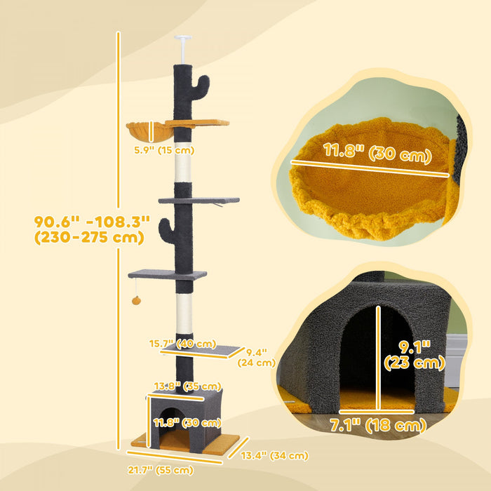 Pawhut Floor To Ceiling Cat Tree, Cat Tower With 90.5\"-108\" Adjustable Height, 5 Tier Activity Centr