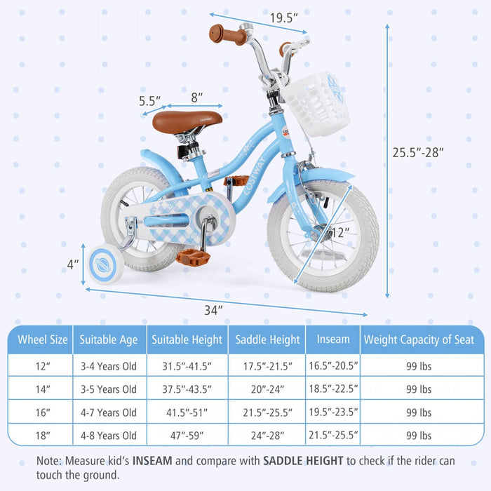 Costway 12" Kid's Bike For 3-4 Years Old Children Bicycle With Front Handbrake Blue