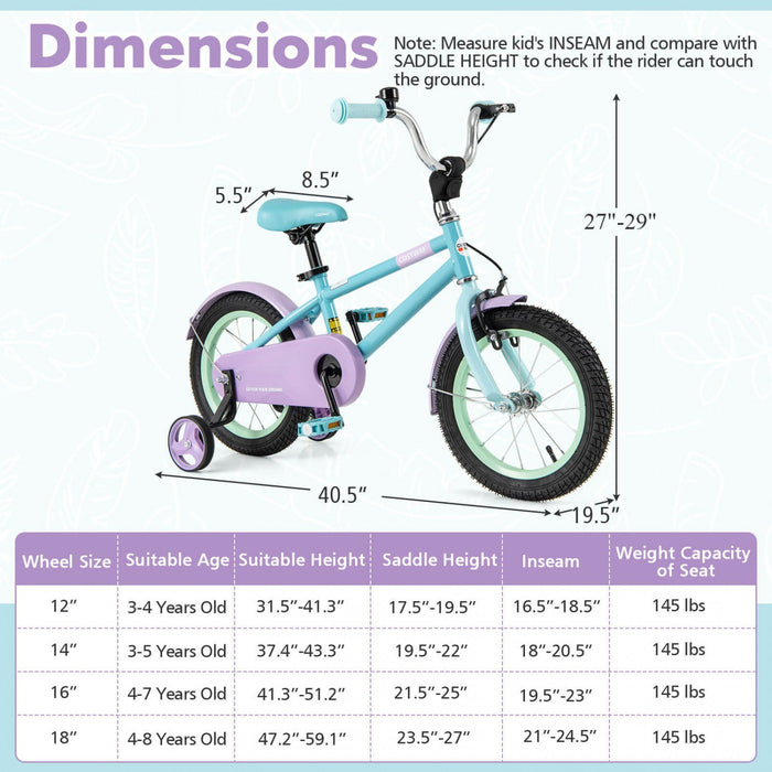 Costway 14" Kids Bike With Adjustable Saddle Handlebar Removable Training Wheels Handbrake Blue