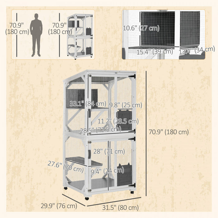 Pawhut Outdoor Cat House, Large Catio Wooden Kitten Enclosure Elevated Design, With Wheels, Resting 