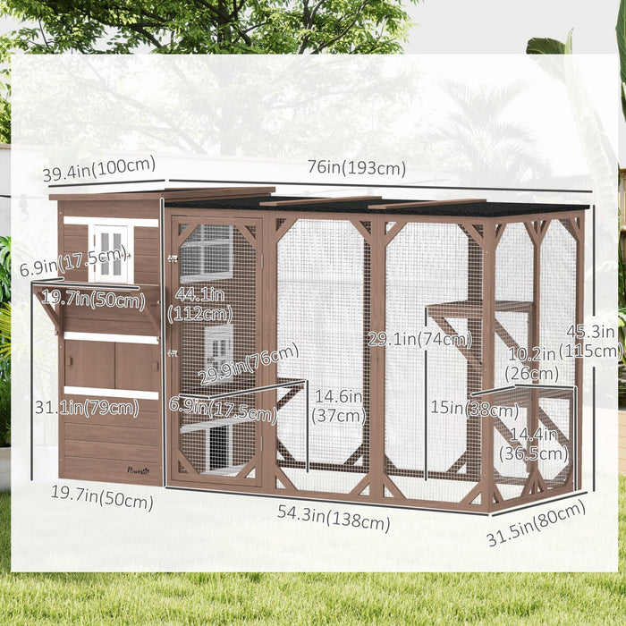 Pawhut Wooden Cat Catio, 76"l Walk In Outdoor Cat House With Asphalt Roof, Platforms, Lockable Doors, 3-tier Resting Condo, Observation Window, For 2-3 Cats, Brown