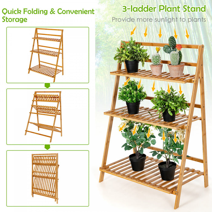 Costway Bamboo Ladder Plant Stand 3-tier Foldable Flower Pot Display Shelf Rack Natural