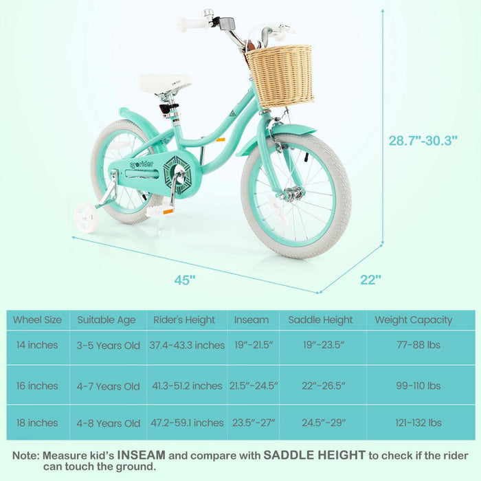 Prorider 16" Kid's Bike With Training Wheels Adjustable Handlebar Seat Handbrake Green