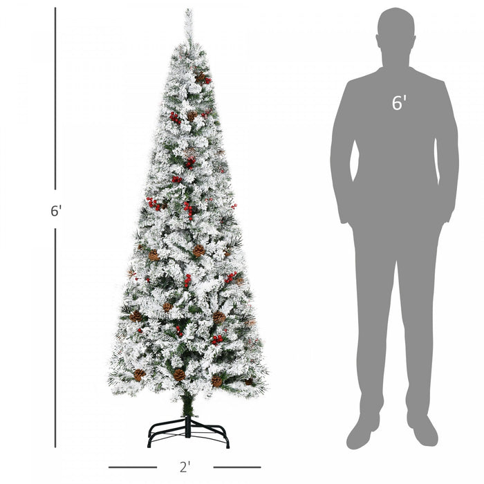 Homcom 6ft Snow Artificial Christmas Tree With Pine Cone, Red Berry